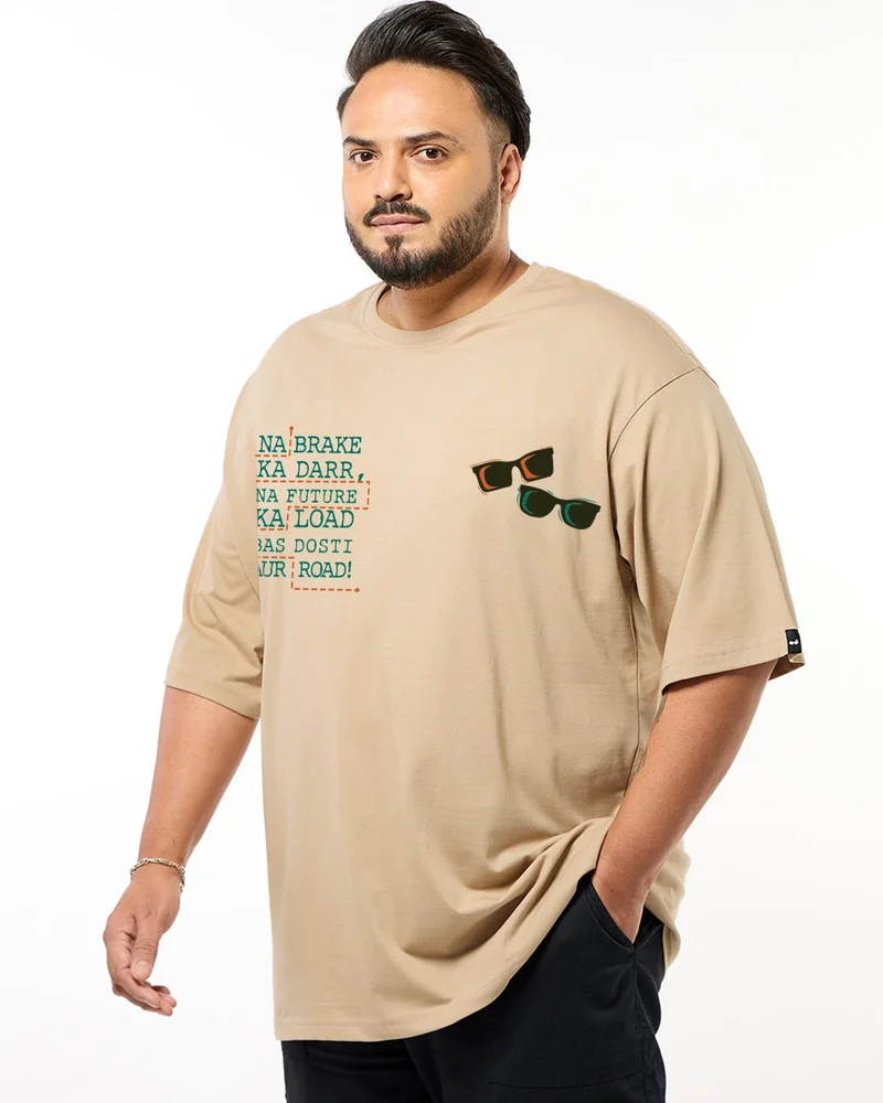 bewakoof Men's Ginger Root Brown Dynamic Dosti Graphic Printed Oversized Plus Size T-shirt